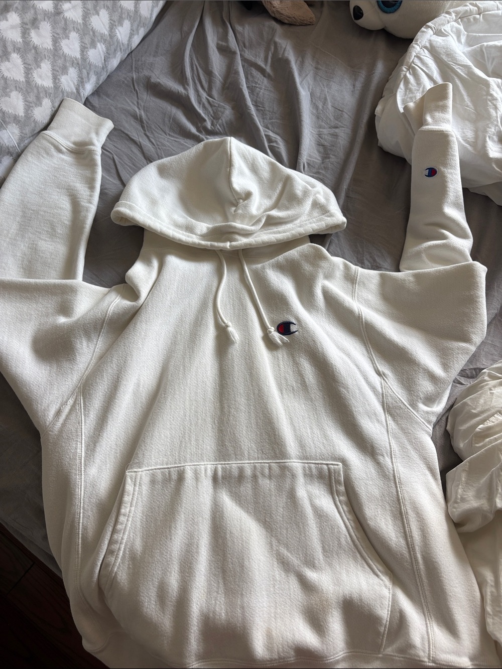 Champion Mens White Hooded Pullover Sweatshirt Reverse Weave